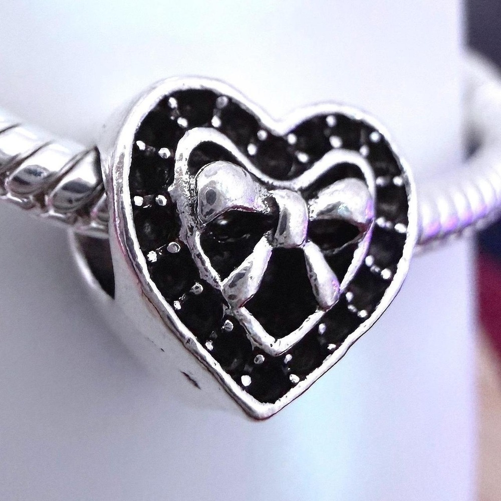 Silver Bead Charm Fits Snake Chain Bracelet Heart Bow Oxidized Silver
